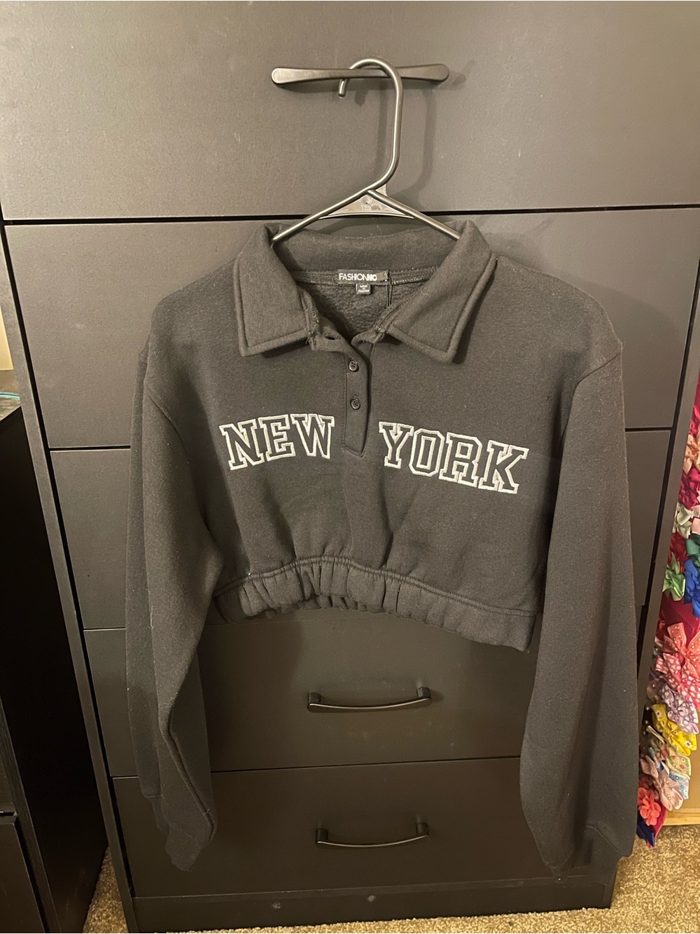 Fashion Nova Black Cropped Polo Sweatshirt with "New York"